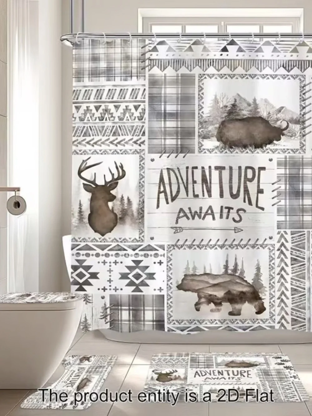 4-Piece Rustic Woodland Cabin Bathroom Set (Shower Curtain, Bath Mat, U-Rug, Toi